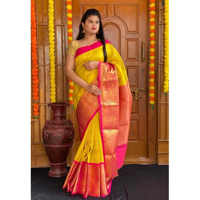 Mayawye Women's Soft Lichi Silk Printed Saree With Unstitched Blouse 5.5Mtr (Yellow)