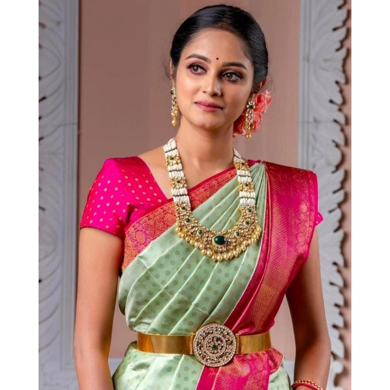 Mayawye Women's Soft Lichi Silk Printed Saree With Unstitched Blouse 5.5Mtr (Light Green)