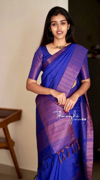 Mayawye Women's Soft Lichi Silk Solid Saree With Unstitched Blouse 5.5Mtr (Blue)