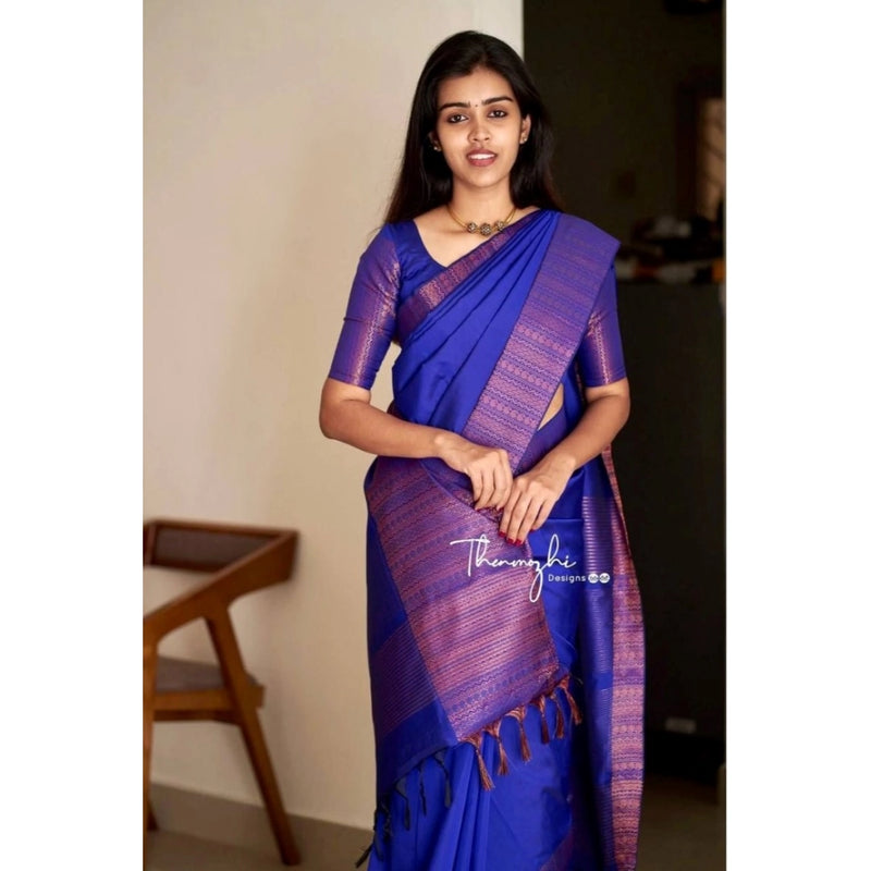 Mayawye Women's Soft Lichi Silk Solid Saree With Unstitched Blouse 5.5Mtr (Blue)