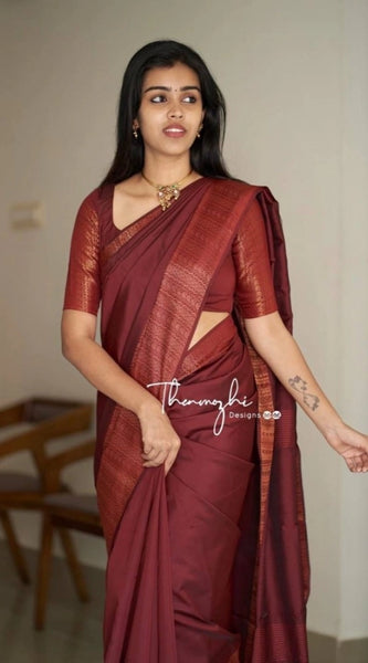 Mayawye Women's Soft Lichi Silk Solid Saree With Unstitched Blouse 5.5Mtr (Maroon)