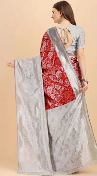 Mayawye Women's Soft Lichi Silk Printed Saree With Unstitched Blouse 5.5Mtr (Red)
