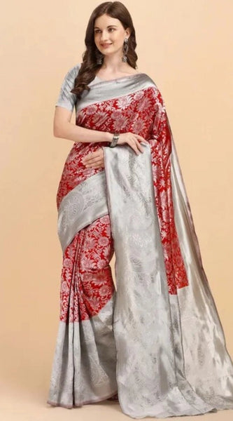 Mayawye Women's Soft Lichi Silk Printed Saree With Unstitched Blouse 5.5Mtr (Red)