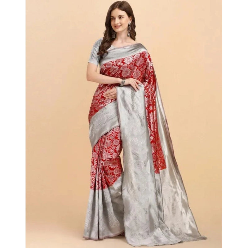 Mayawye Women's Soft Lichi Silk Printed Saree With Unstitched Blouse 5.5Mtr (Red)