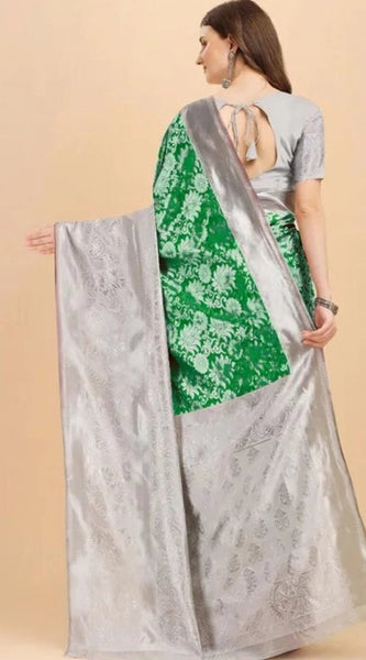 Mayawye Women's Soft Lichi Silk Printed Saree With Unstitched Blouse 5.5Mtr (Green)
