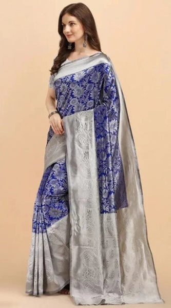 Mayawye Women's Soft Lichi Silk Printed Saree With Unstitched Blouse 5.5Mtr (Blue)