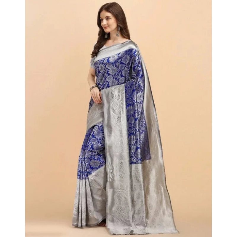 Mayawye Women's Soft Lichi Silk Printed Saree With Unstitched Blouse 5.5Mtr (Blue)