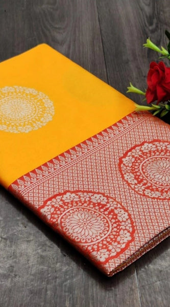 Mayawye Women's Soft Lichi Silk Printed Saree With Unstitched Blouse 5.5Mtr (Yellow)