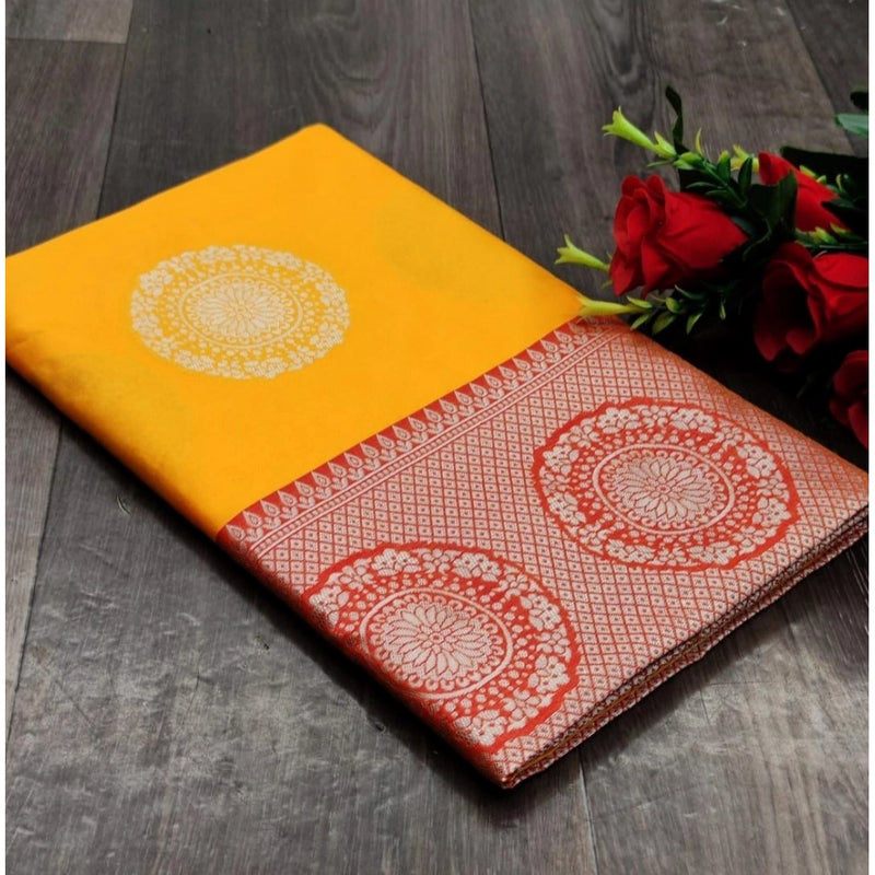 Mayawye Women's Soft Lichi Silk Printed Saree With Unstitched Blouse 5.5Mtr (Yellow)