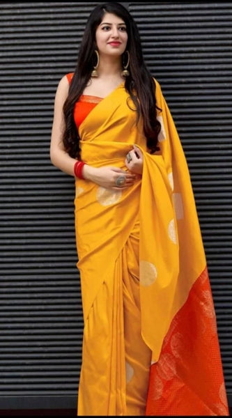Mayawye Women's Soft Lichi Silk Printed Saree With Unstitched Blouse 5.5Mtr (Yellow)