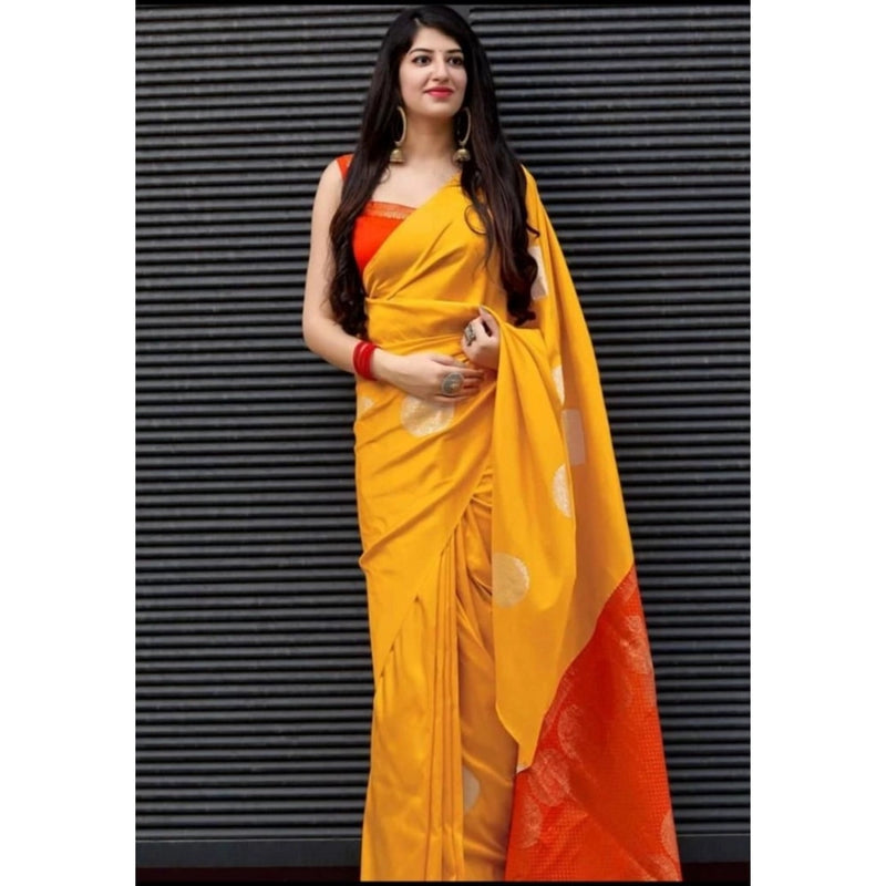Mayawye Women's Soft Lichi Silk Printed Saree With Unstitched Blouse 5.5Mtr (Yellow)