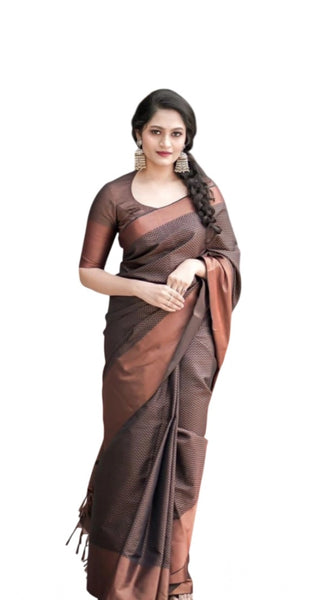 Mayawye Women's Soft Lichi Silk Printed Saree With Unstitched Blouse 5.5Mtr (Brown)