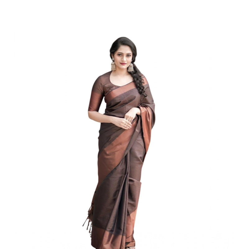 Mayawye Women's Soft Lichi Silk Printed Saree With Unstitched Blouse 5.5Mtr (Brown)