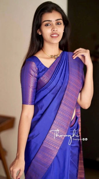 Mayawye Women's Soft Lichi Silk Solid Saree With Unstitched Blouse 5.5Mtr (Blue)
