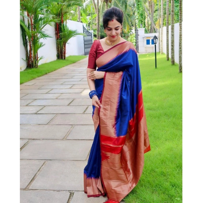 Mayawye Women's Soft Lichi Silk Solid Saree With Unstitched Blouse 5.5Mtr (Blue)