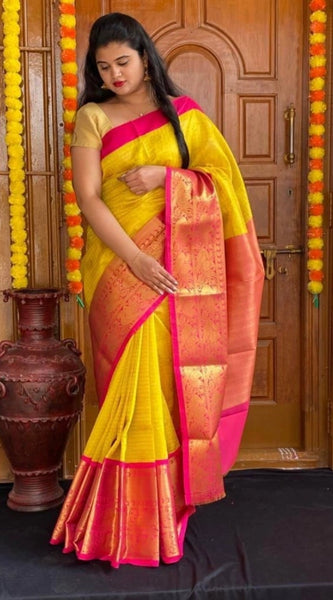 Mayawye Women's Soft Lichi Silk Printed Saree With Unstitched Blouse 5.5Mtr (Yellow)