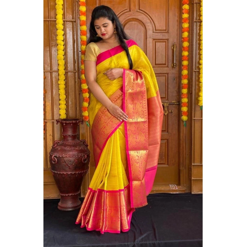 Mayawye Women's Soft Lichi Silk Printed Saree With Unstitched Blouse 5.5Mtr (Yellow)