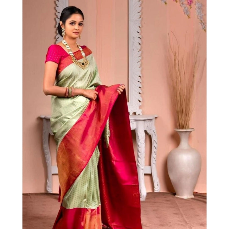Mayawye Women's Soft Lichi Silk Printed Saree With Unstitched Blouse 5.5Mtr (Light Green)