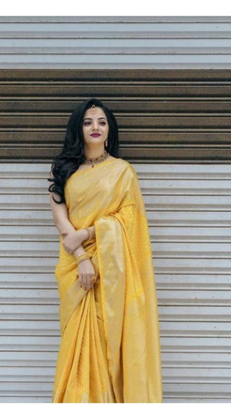 Mayawye Women's Soft Lichi Silk Printed Saree With Unstitched Blouse 5.5Mtr (Yellow)