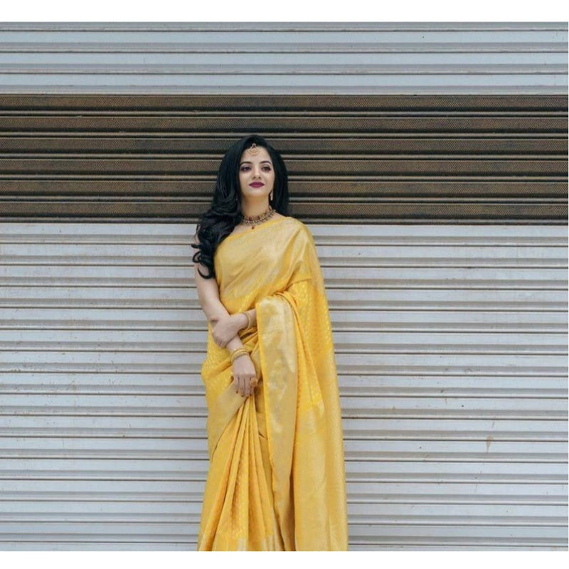 Mayawye Women's Soft Lichi Silk Printed Saree With Unstitched Blouse 5.5Mtr (Yellow)