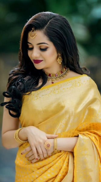 Mayawye Women's Soft Lichi Silk Printed Saree With Unstitched Blouse 5.5Mtr (Yellow)