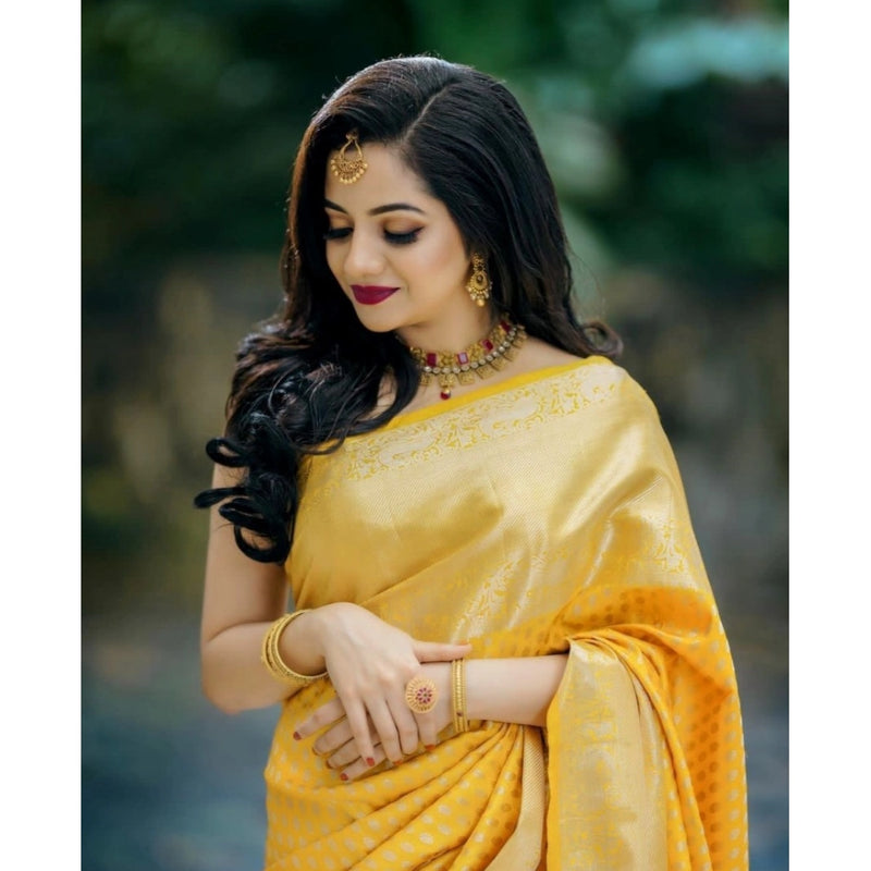 Mayawye Women's Soft Lichi Silk Printed Saree With Unstitched Blouse 5.5Mtr (Yellow)