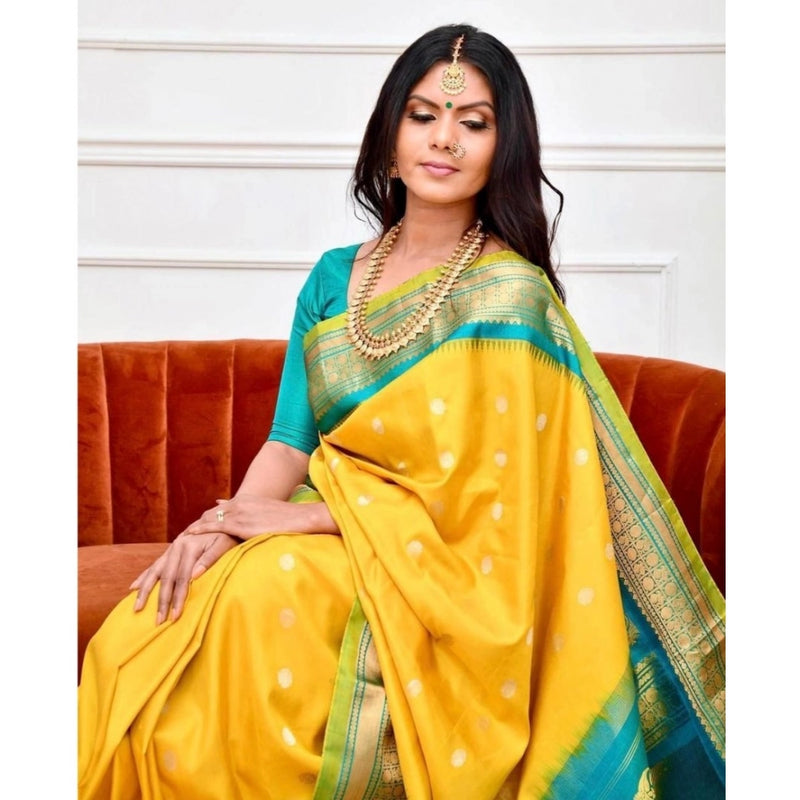 Mayawye Women's Soft Lichi Silk Printed Saree With Unstitched Blouse 5.5Mtr (Yellow)