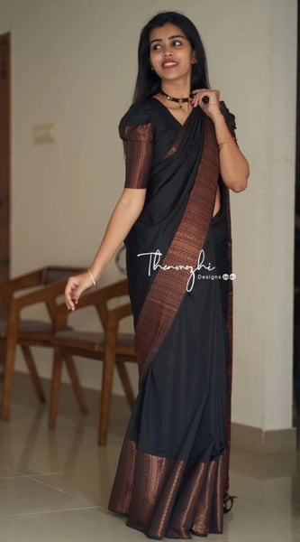 Mayawye Women's Soft Lichi Silk Solid Saree With Unstitched Blouse 5.5Mtr (Black)