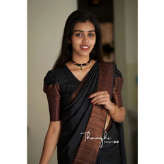 Mayawye Women's Soft Lichi Silk Solid Saree With Unstitched Blouse 5.5Mtr (Black)