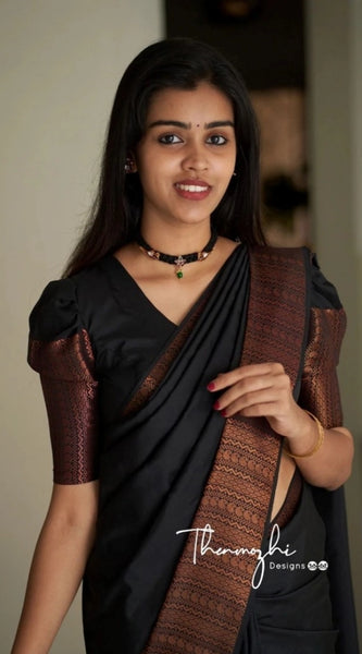 Mayawye Women's Soft Lichi Silk Solid Saree With Unstitched Blouse 5.5Mtr (Black)