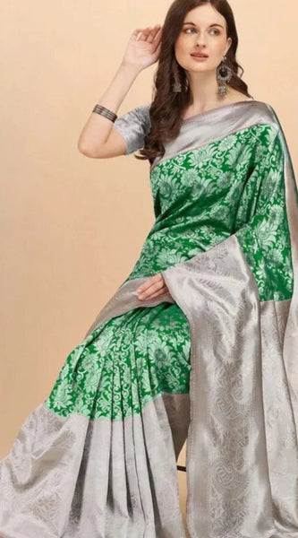 Mayawye Women's Soft Lichi Silk Printed Saree With Unstitched Blouse 5.5Mtr (Green)