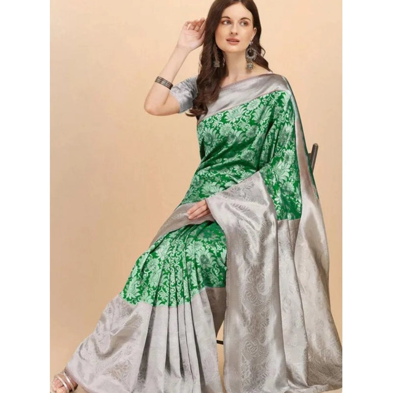 Mayawye Women's Soft Lichi Silk Printed Saree With Unstitched Blouse 5.5Mtr (Green)