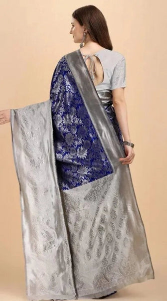 Mayawye Women's Soft Lichi Silk Printed Saree With Unstitched Blouse 5.5Mtr (Blue)