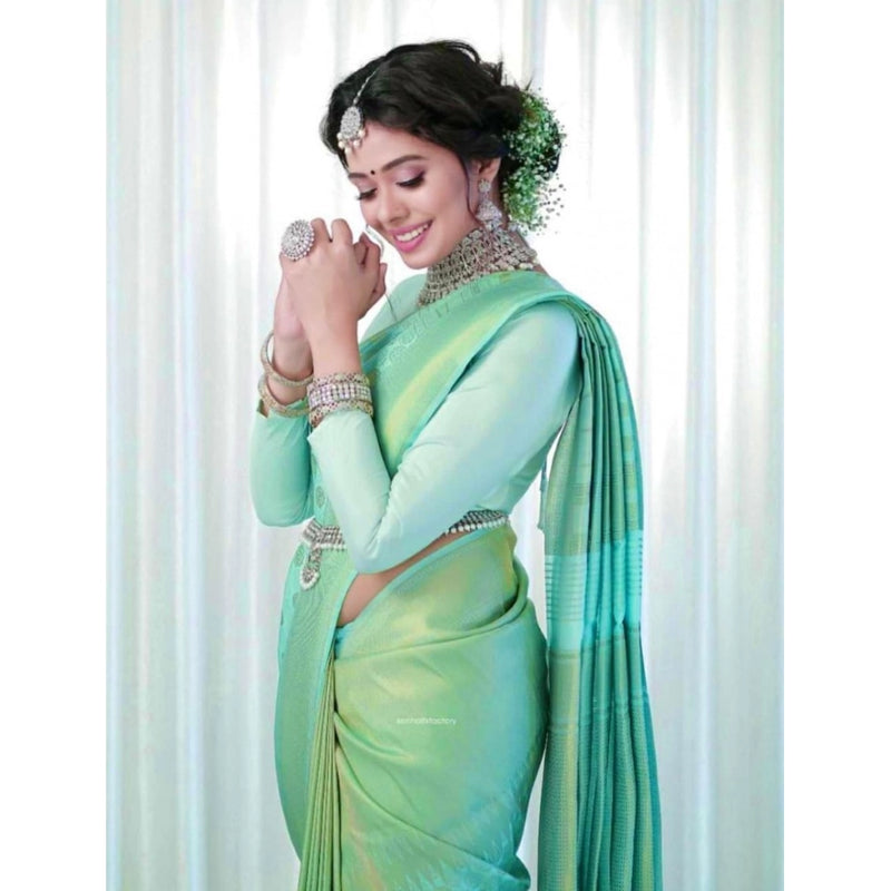 Mayawye Women's Soft Lichi Silk Printed Saree With Unstitched Blouse 5.5Mtr (Light Green)
