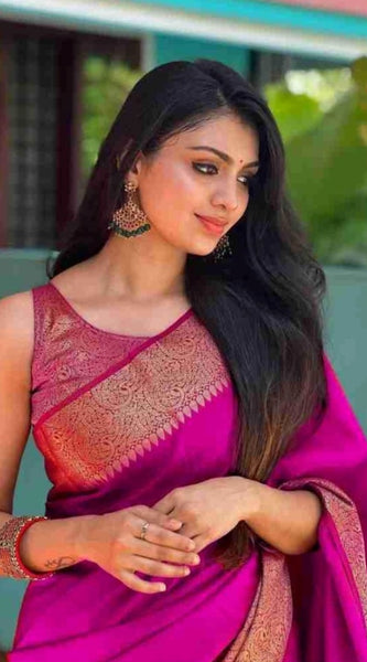 Mayawye Women's Soft Lichi Silk Solid Saree With Unstitched Blouse 5.5Mtr (Pink)