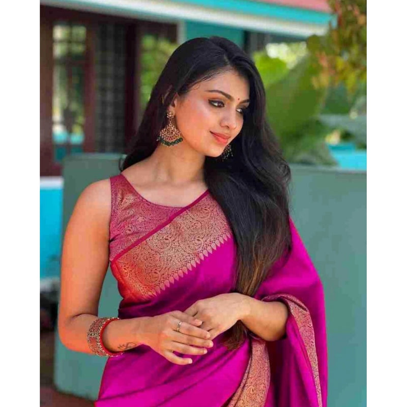Mayawye Women's Soft Lichi Silk Solid Saree With Unstitched Blouse 5.5Mtr (Pink)