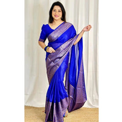 Mayawye Women's Soft Lichi Silk Solid Saree With Unstitched Blouse 5.5Mtr (Blue)