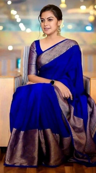 Mayawye Women's Soft Lichi Silk Solid Saree With Unstitched Blouse 5.5Mtr (Blue)