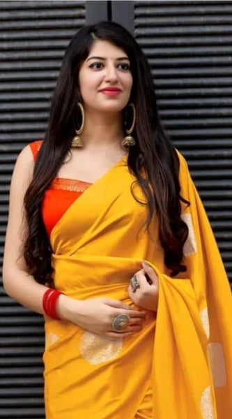 Mayawye Women's Soft Lichi Silk Printed Saree With Unstitched Blouse 5.5Mtr (Yellow)