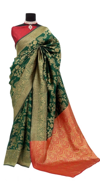 Mayawye Women's Banarasi Printed Saree With Unstitched Blouse 5.5Mtr (Green)