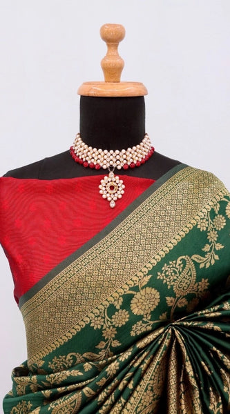 Mayawye Women's Banarasi Printed Saree With Unstitched Blouse 5.5Mtr (Green)
