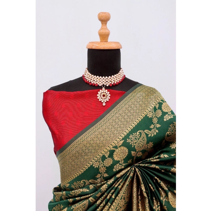 Mayawye Women's Banarasi Printed Saree With Unstitched Blouse 5.5Mtr (Green)