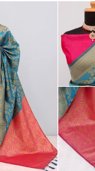 Mayawye Women's Banarasi Printed Saree With Unstitched Blouse 5.5Mtr (Aqua Blue)