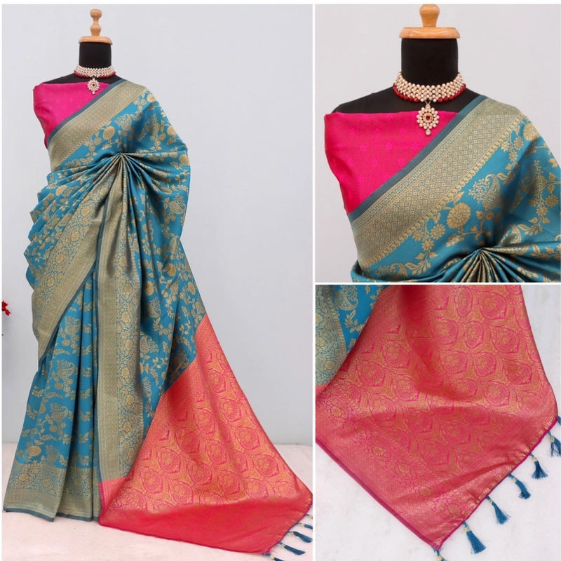 Mayawye Women's Banarasi Printed Saree With Unstitched Blouse 5.5Mtr (Aqua Blue)