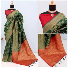 Mayawye Women's Banarasi Printed Saree With Unstitched Blouse 5.5Mtr (Green)