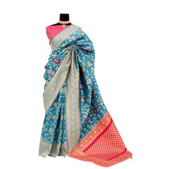 Mayawye Women's Banarasi Printed Saree With Unstitched Blouse 5.5Mtr (Aqua Blue)