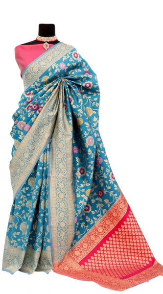Mayawye Women's Banarasi Printed Saree With Unstitched Blouse 5.5Mtr (Aqua Blue)