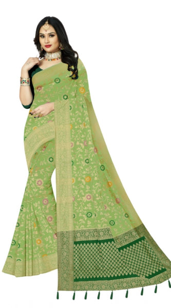 Mayawye Women's Banarasi Printed Saree With Unstitched Blouse 5.5Mtr (Light Green)