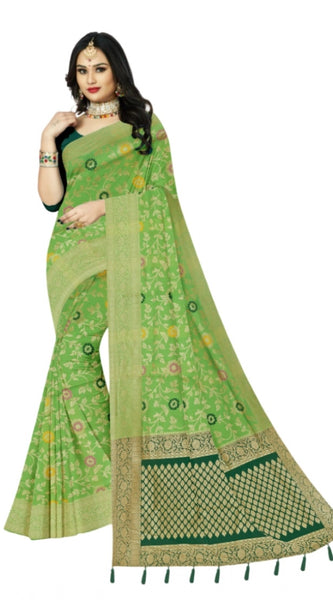 Mayawye Women's Banarasi Printed Saree With Unstitched Blouse 5.5Mtr (Green)
