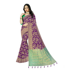 Mayawye Women's Banarasi Printed Saree With Unstitched Blouse 5.5Mtr (Purple)